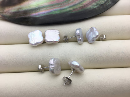 AAA 10-11mm white flower pearl stud earrings,sterling silver,earring with white baroque Natural Pearl,SE3-T49