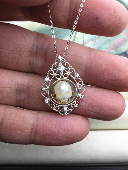 AAA white/purple/black handmade carved skull freshwater pearl pendant necklace,S925 Sterling silver pendant,NC1-012-1