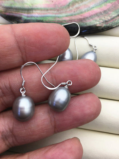 1 pair AAA 9.5-10mm gray long rice pearl dangle earrings,Sterling Silver,dangle pearl earrings,wedding earring,bridal,birthday,SE3-T59