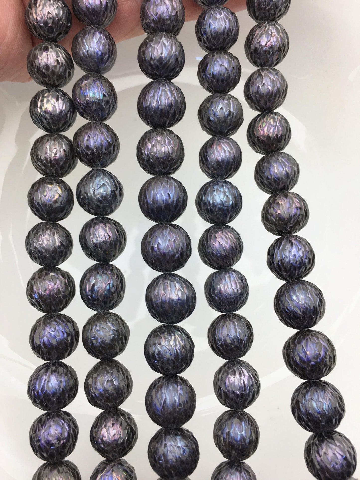 15.5'' AAA 11-13mm Black Round Carved Freshwater Pearl - Hand Carved - CAC-T24