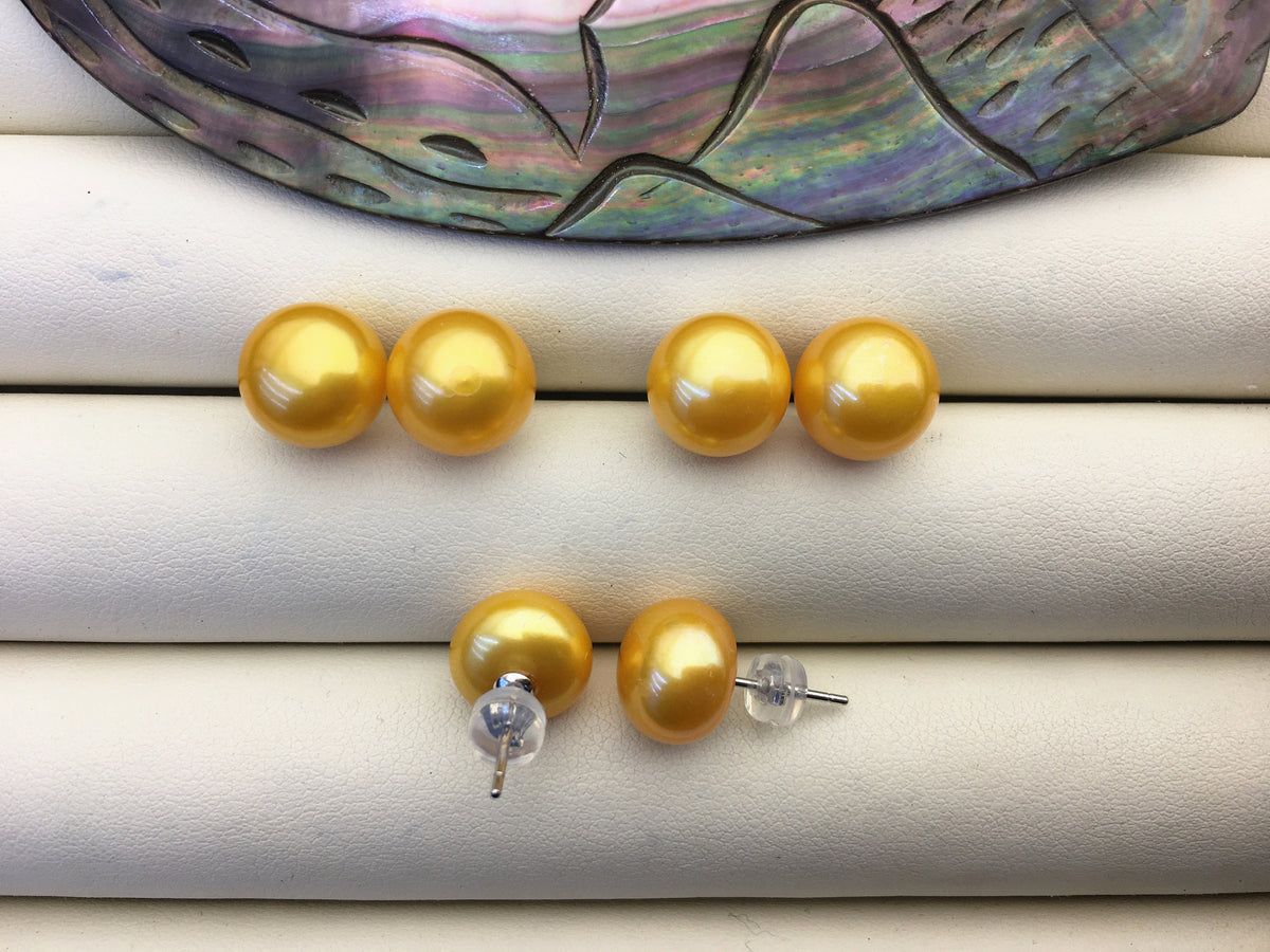 1 pair AAA 10-11mm Yellow Gold Pearl stud earrings,Sterling Silver,Wedding stud earrings,bridal,wedding party earrings,SE1-T28