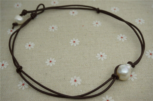 Two Strands Leather Necklace,Huge pearl necklace,Leather Pearl Choker, Pearl Leather Necklace, Black Leather Pearl necklace,Le1-065