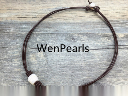 Leather Rice Pearl Choker, Pearl Leather Necklace, bracelet,White Freshwater pearl, Birthday, Black Leather Pearl necklace, BROWN,Le1-051
