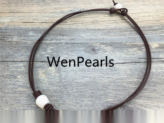 Leather Rice Pearl Choker, Pearl Leather Necklace, bracelet,White Freshwater pearl, Birthday, Black Leather Pearl necklace, BROWN,Le1-051