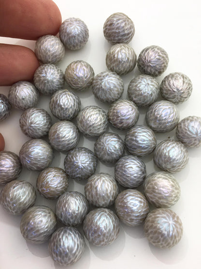 Shine!1pc AA+ 11-16mm Gray Near Round Carved Freshwater Pearl - no hole - Hand Carved - CAC-T1