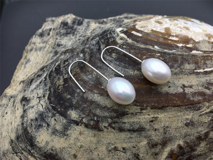 Minimalist white oval pearl dangle earrings,S925 Sterling Sliver pearl earrings,AAA 9mm oval rice pearl earrings for women,SE3-087