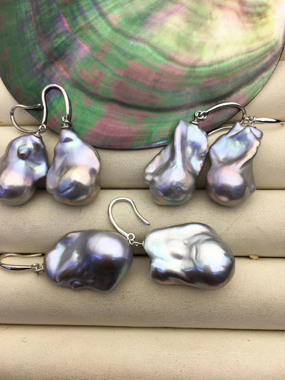 1 pair AAA 14-18mm gray flame ball pearl dangle earrings,earring with gray baroque Natural Pearl,SE3-031-27