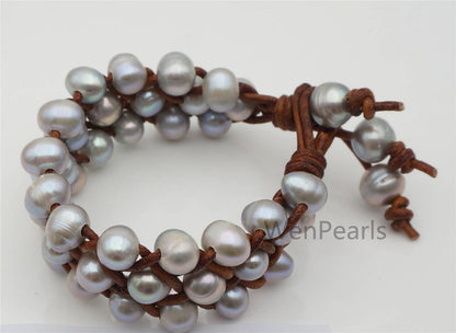 Three rows gray pearl bracelet,Leather Pearls Bracelet, Handmade Cuff,gray Pearls on Tan Leather,Brown leather bracelet,Le7-174