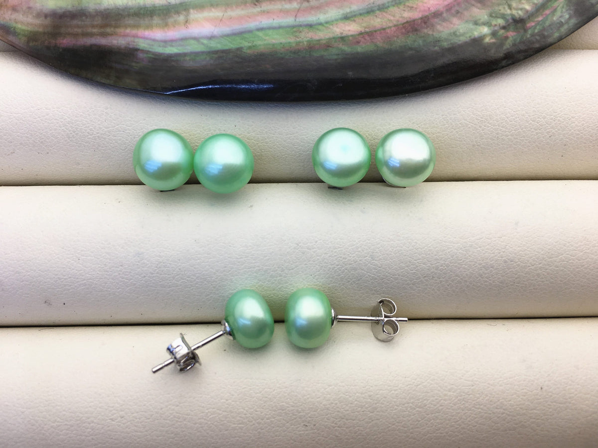 AAA 8-8.5mm Green Pearl earrings,Sterling Silver,Peacock Green Fresh Water Pearl Studs,Green pearl earring,SE1-T8