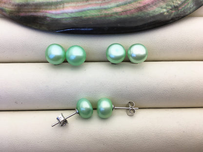 AAA 8-8.5mm Green Pearl earrings,Sterling Silver,Peacock Green Fresh Water Pearl Studs,Green pearl earring,SE1-T8