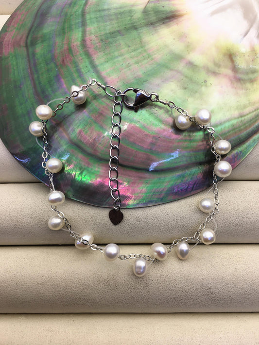 6.5+1.5'' AA+ 4-5mm twist white potato Freshwater pearl svlier color chain Bracelet,B8-055-9