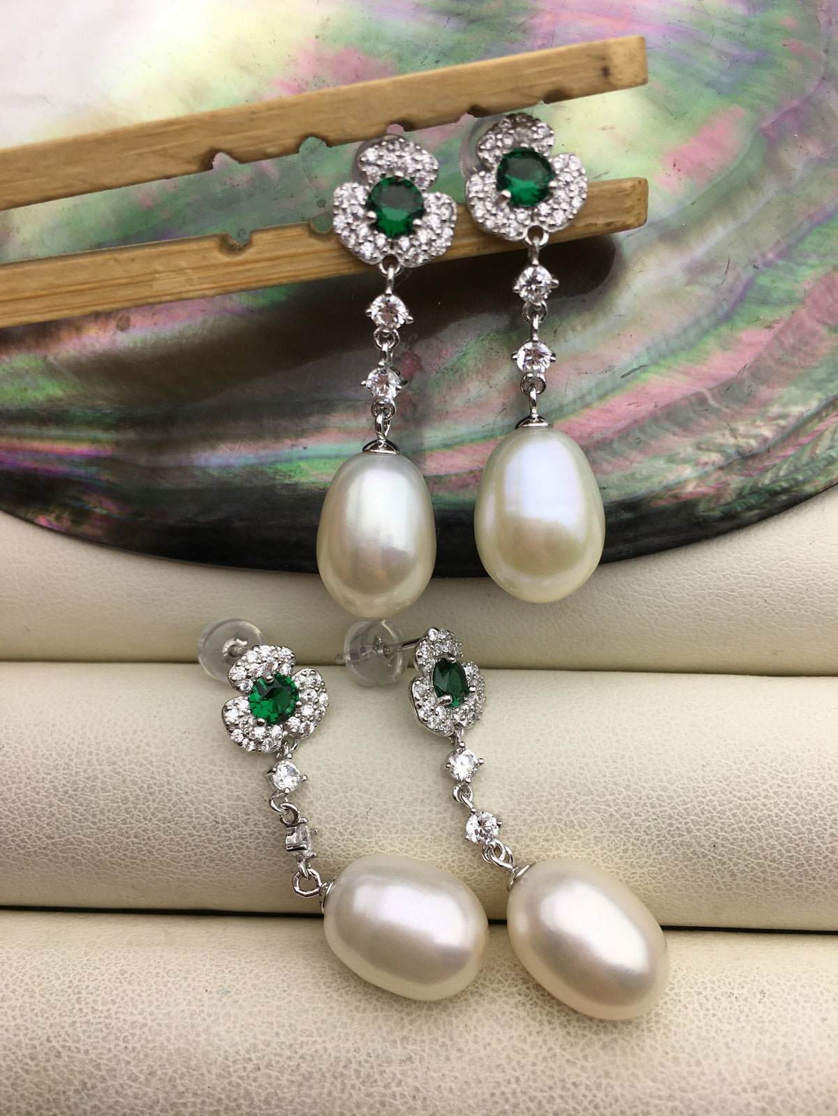 AAA 9mm White rice pearl cz stud earrings,zircon S925 Sterling Sliver pearl earrings,green stone earrings,SE3-100