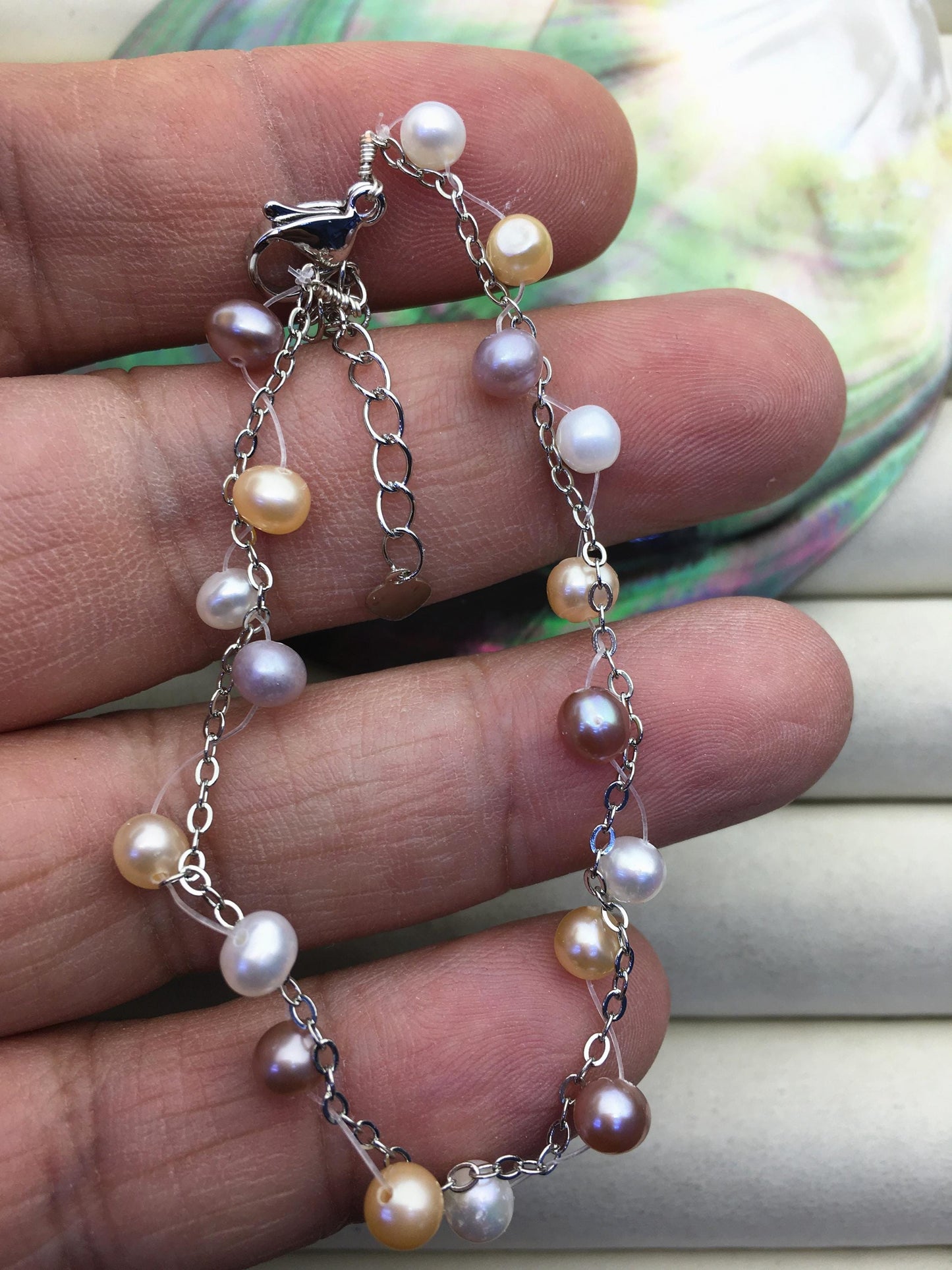 6.5+1.5'' AA+ 4-5mm twist misc color potato Freshwater pearl svlier color chain Bracelet,B8-055-4
