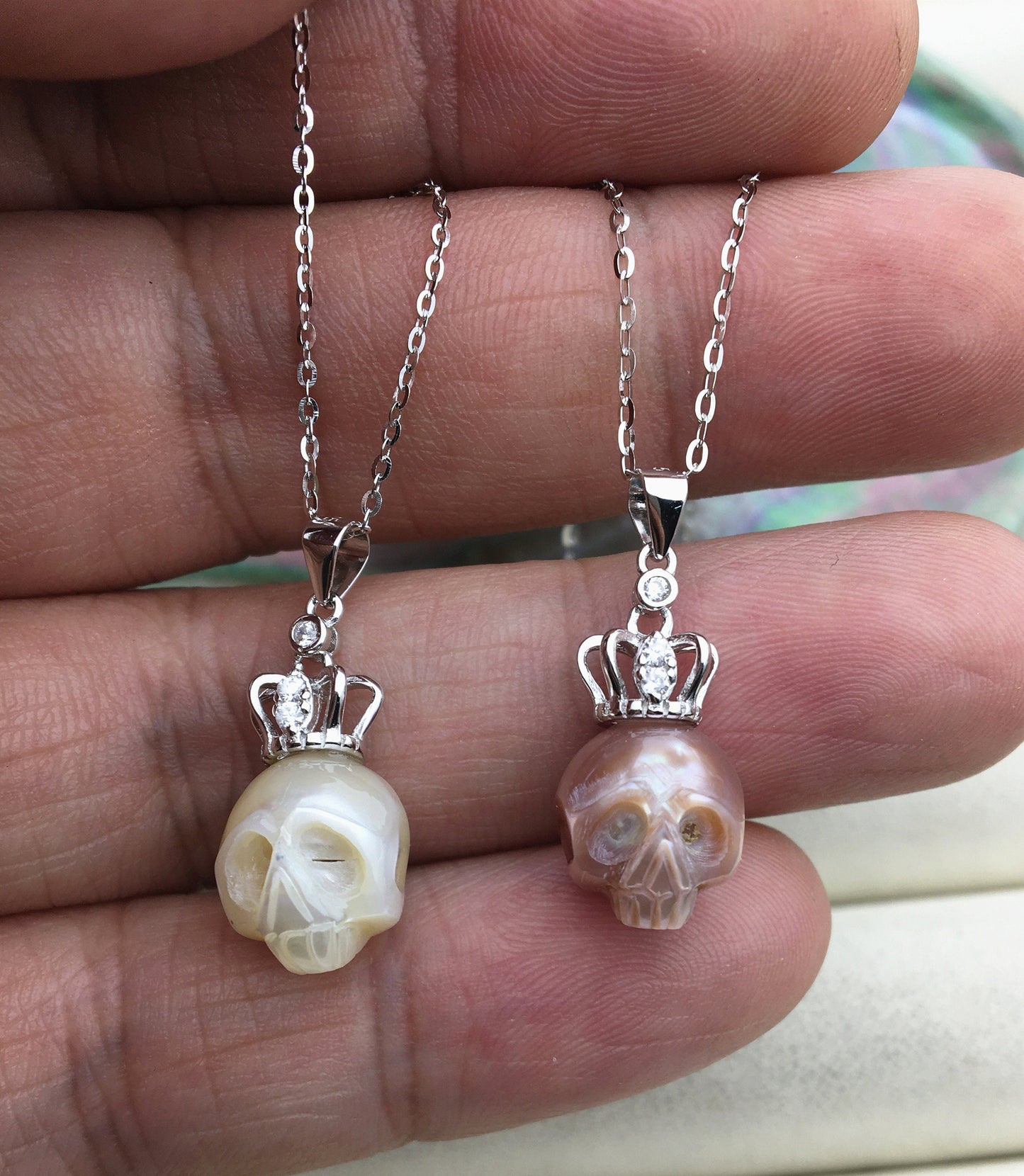 AAA 10mm big White/Purple handmade carved skull freshwater pearl crown pendant necklace,S925 Sterling silver pendant,NC1-012-14
