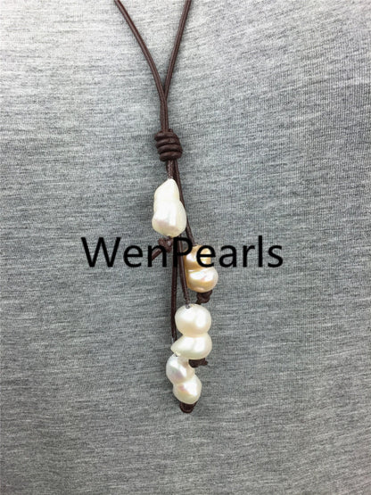 4 baroque pearls Drop leather necklace,Select leather color,Leather Pearl necklace, Leather baroque pearl necklace,wholesale,Le1-056