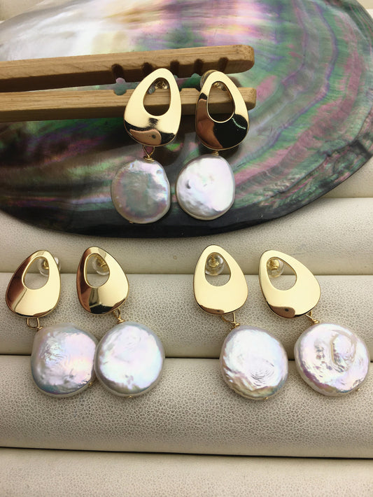 Big 15-16mm White Coin freshwater pearl stud earrings,wedding pearl earrings,SE3-131-87