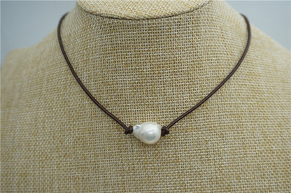 Huge pearl necklace,Leather Pearl Choker, Pearl Leather Necklace, White Freshwater pearl, Birthday, Black Leather Pearl necklace,Le2-019