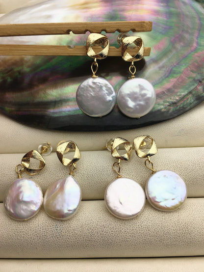 15-16mm big white coin freshwater pearl gold stud earrings,wedding pearl earrings,SE3-131-80