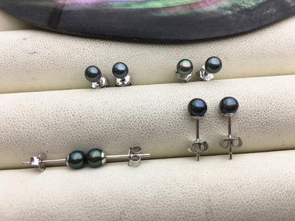 AAA 4-4.5mm tiny blue black ROUND pearl stud earrings,Sterling Silver,SE1-T12