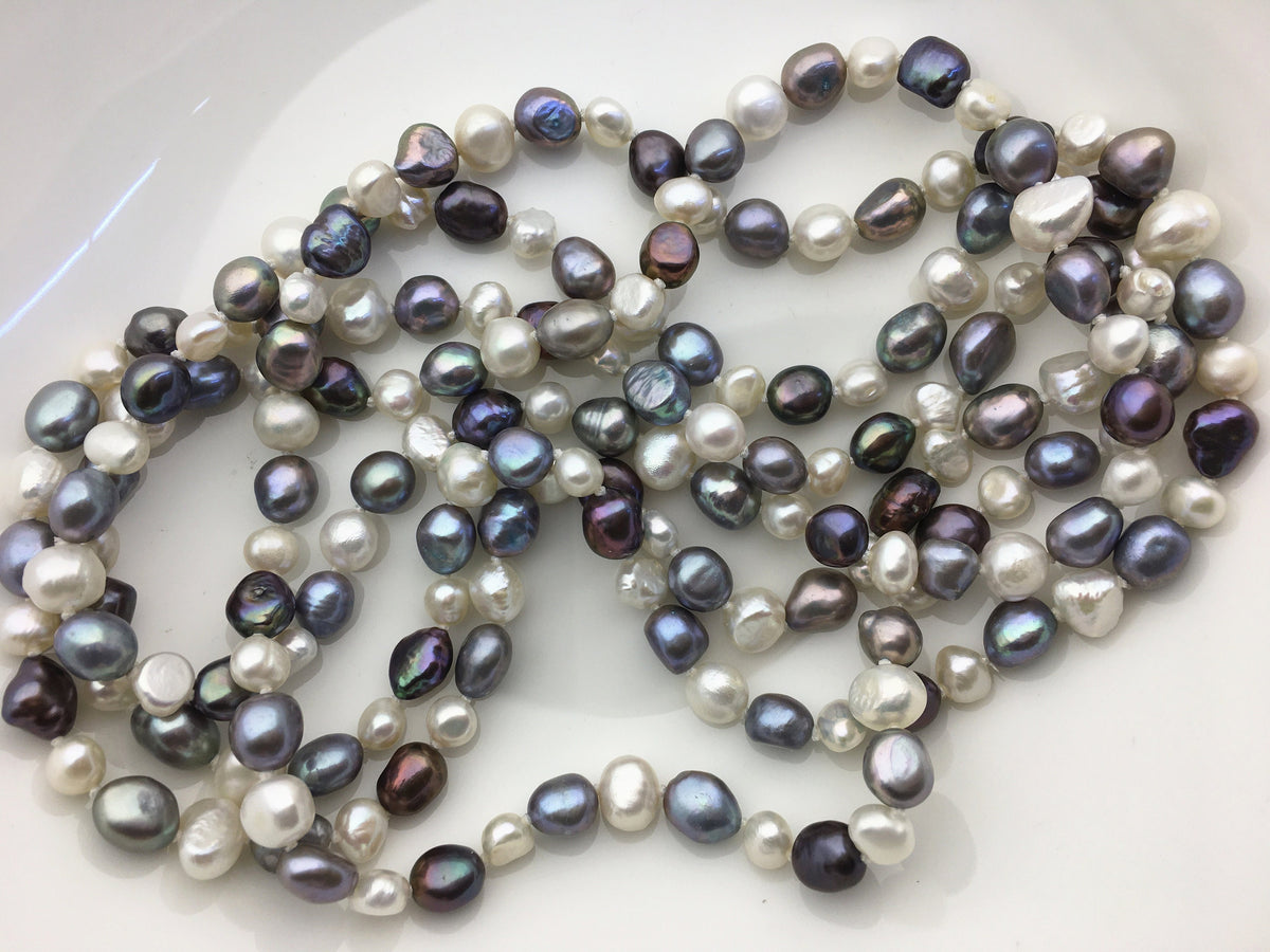 63'' AA+ 7-8mm white blue mix color nugget freshwater Pearl necklace,NPN1-102