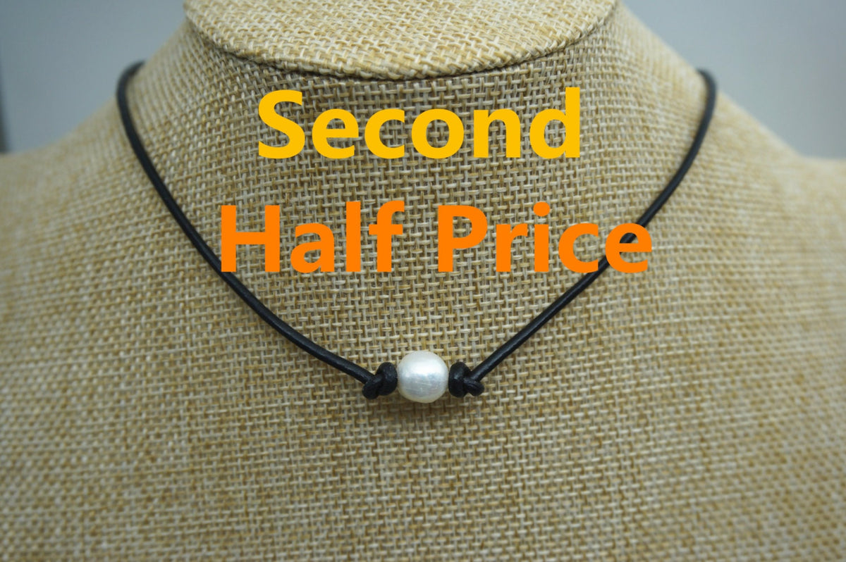 Leather Pearl Choker,High Luster pearl, Pearl Leather Necklace, White Freshwater pearl, Black Leather Pearl necklace,LIGHT BROWN,Le1-036