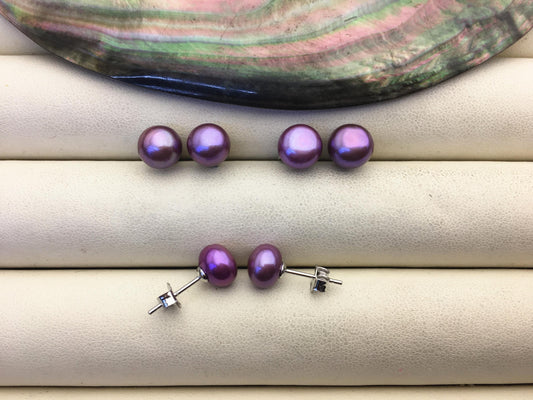 AAA 8-9mm Purple Pearl Stud Earrings, pearl earrings,S925 Sterling Silver,Wedding,classic pearl studs,SE1-009