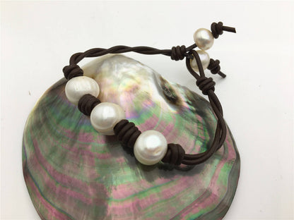 50% OFF 7.5 inches 12mm Big pearl twisted leather pearl bracelet, knotted freshwater pearl bracelet,Leather Pearls Bracelet,NPN1-032