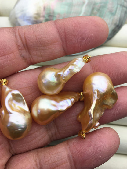 1pc AAA 12-17mm natural Peach Orange baroque pearl pendant necklace, gold plated S925 Sterling silver pendant,NC1-072