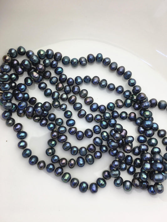 56'' AA+ 6-6.5mm near round black blue pearl Necklace,Pearl necklace,NPN1-096