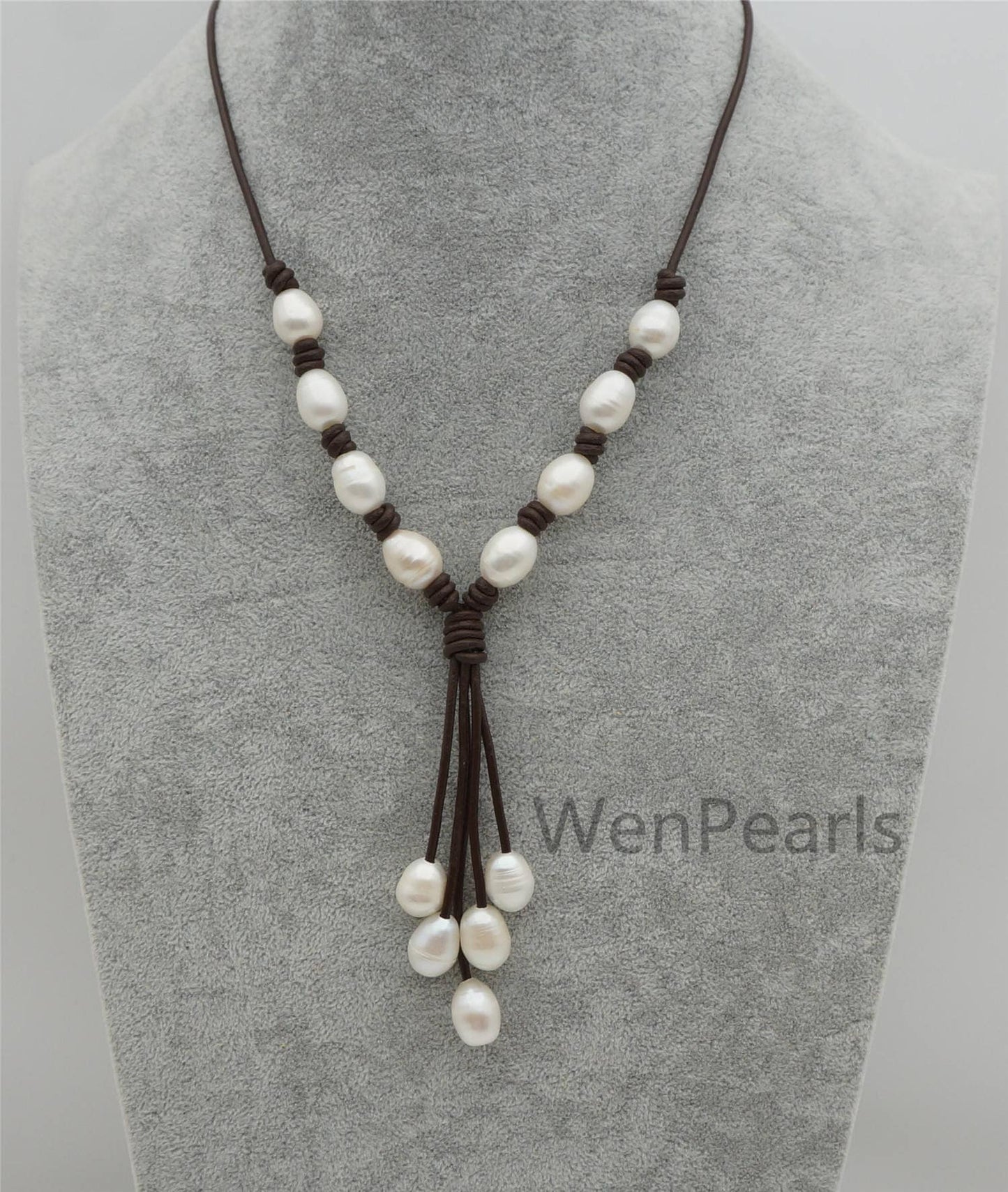 White big Rice pearl leather drop necklace,Pearl and Leather Lariat Necklace,Leather Pearl necklace,Le4-102