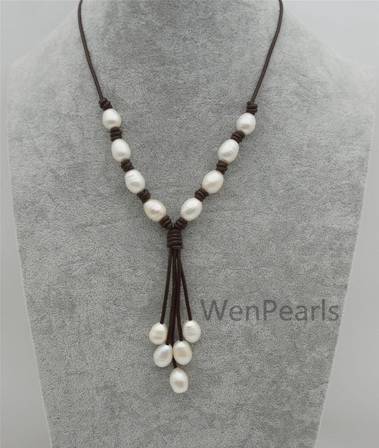 White big Rice pearl leather drop necklace,Pearl and Leather Lariat Necklace,Leather Pearl necklace,Le4-102