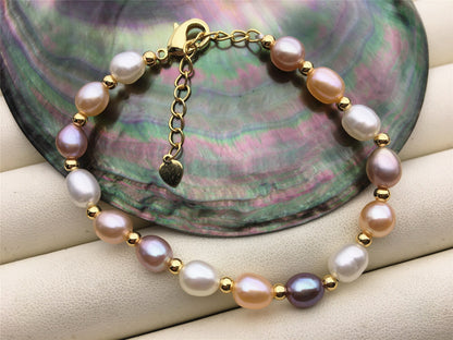 6+1.5'' AA+ misc color rice Freshwater pearl rose gold chain Bracelet,B8-025