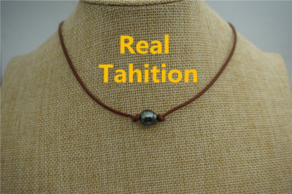 10-12mm Tahitian hand rolled and knotted leather necklace, men or women choker, Black Leather Pearl necklace, BROWN,LIGHT BROWN,Le11-009