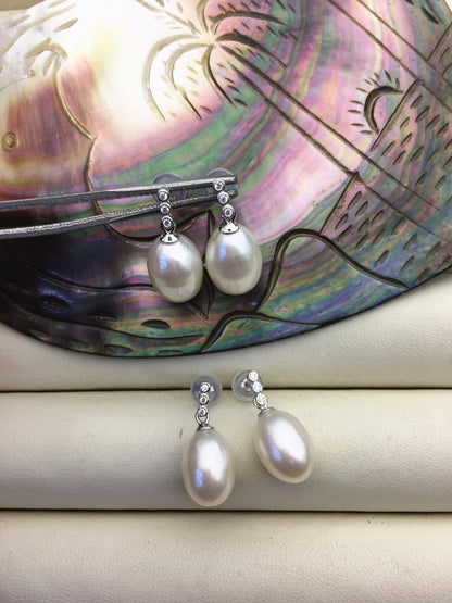 AAA 9mm White rice pearl cz stud earrings,zircon S925 Sterling Sliver pearl earrings,pearl for women for girl,SE3-065