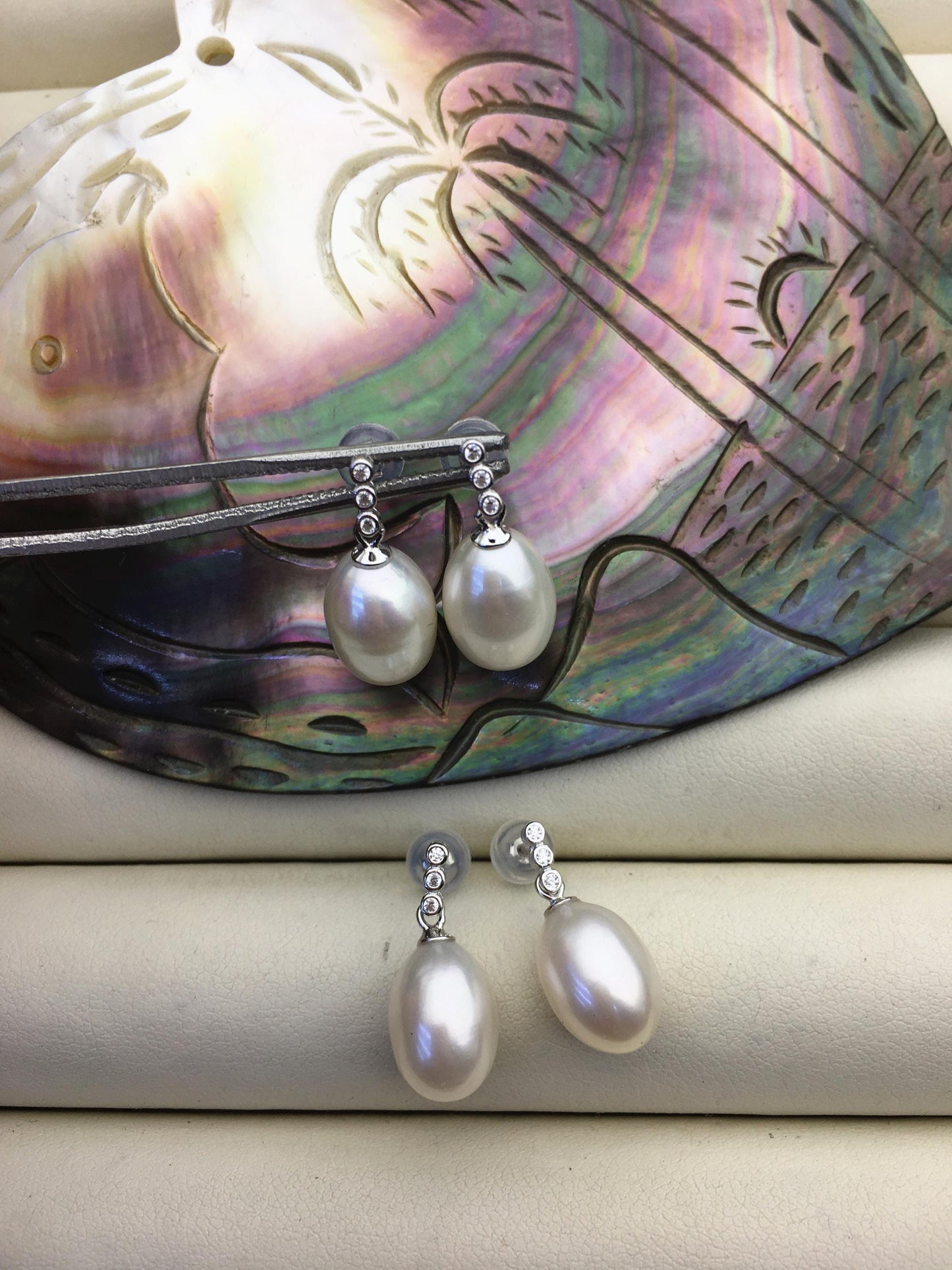AAA 9mm White rice pearl cz stud earrings,zircon S925 Sterling Sliver pearl earrings,pearl for women for girl,SE3-065
