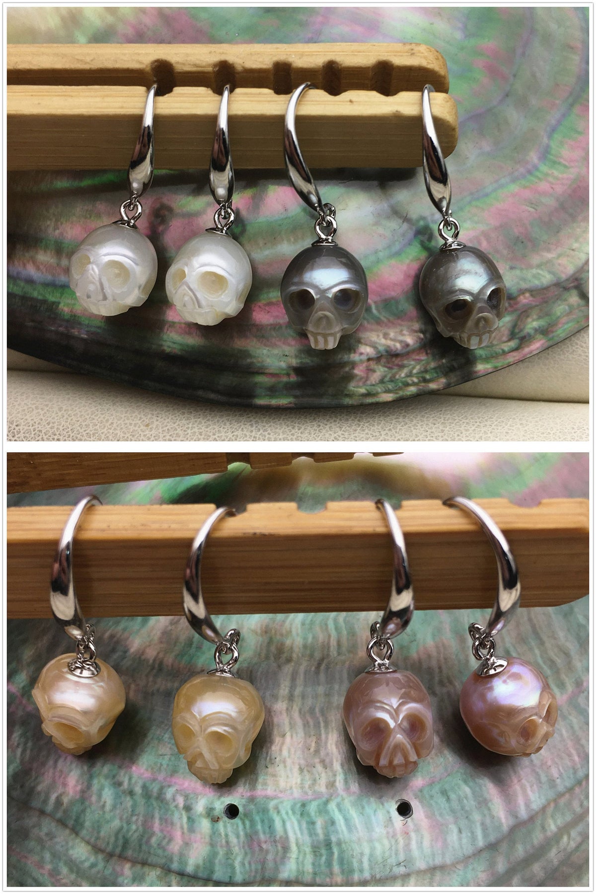 AAA 8mm white/pink/purple/gray/black HandMade Carved Skull Freshwater Pearl Dangle Earrings,Pearl Earrings for Women Girls,SE3-027-3