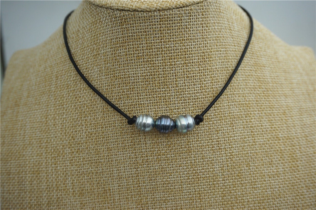 Three pearl Tahitian Leather Necklace, saltwater pearl,men or women choker, Black Leather Pearl necklace,Le2-020
