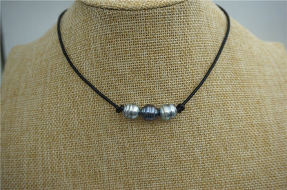 Three pearl Tahitian Leather Necklace, saltwater pearl,men or women choker, Black Leather Pearl necklace,Le2-020