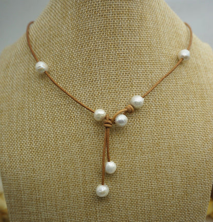 Round pearl,high luster,Leather Pearl Necklace, Pearl Leather Necklace, White Freshwater pearl, Light Brwon Leather Pearl necklace,Le1-032