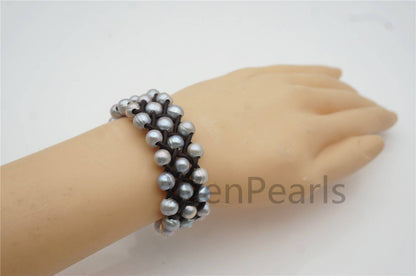 Three rows Gray pearl bracelet,Leather Pearls Bracelet, Handmade Cuff,Gray Pearls on Brown Leather,Black leather bracelet,Le7-100