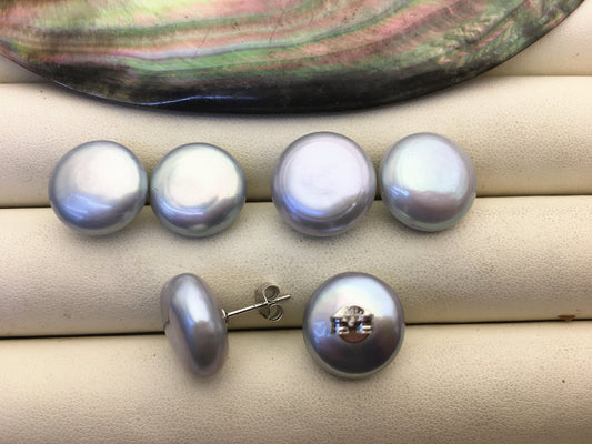 1 pair AAA 14-15mm Gray Coin Fresh Water pearl stud earrings,S925 Sterling Silver,dangle pearl earrings,SE3-T15