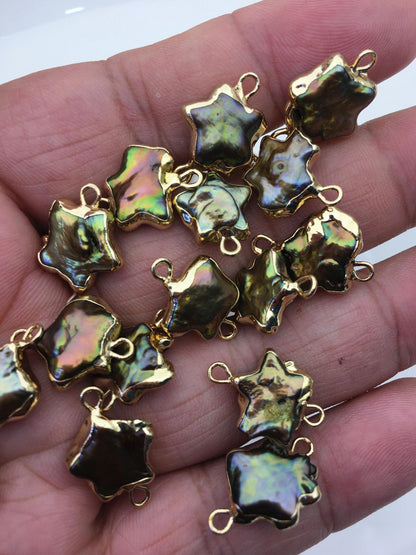 10pcs AA 11-13mm green rainbow five point Pearl Double Bail Connector Charm with Gold Electroplated Edge for make Earrings bracelet,EDG-010