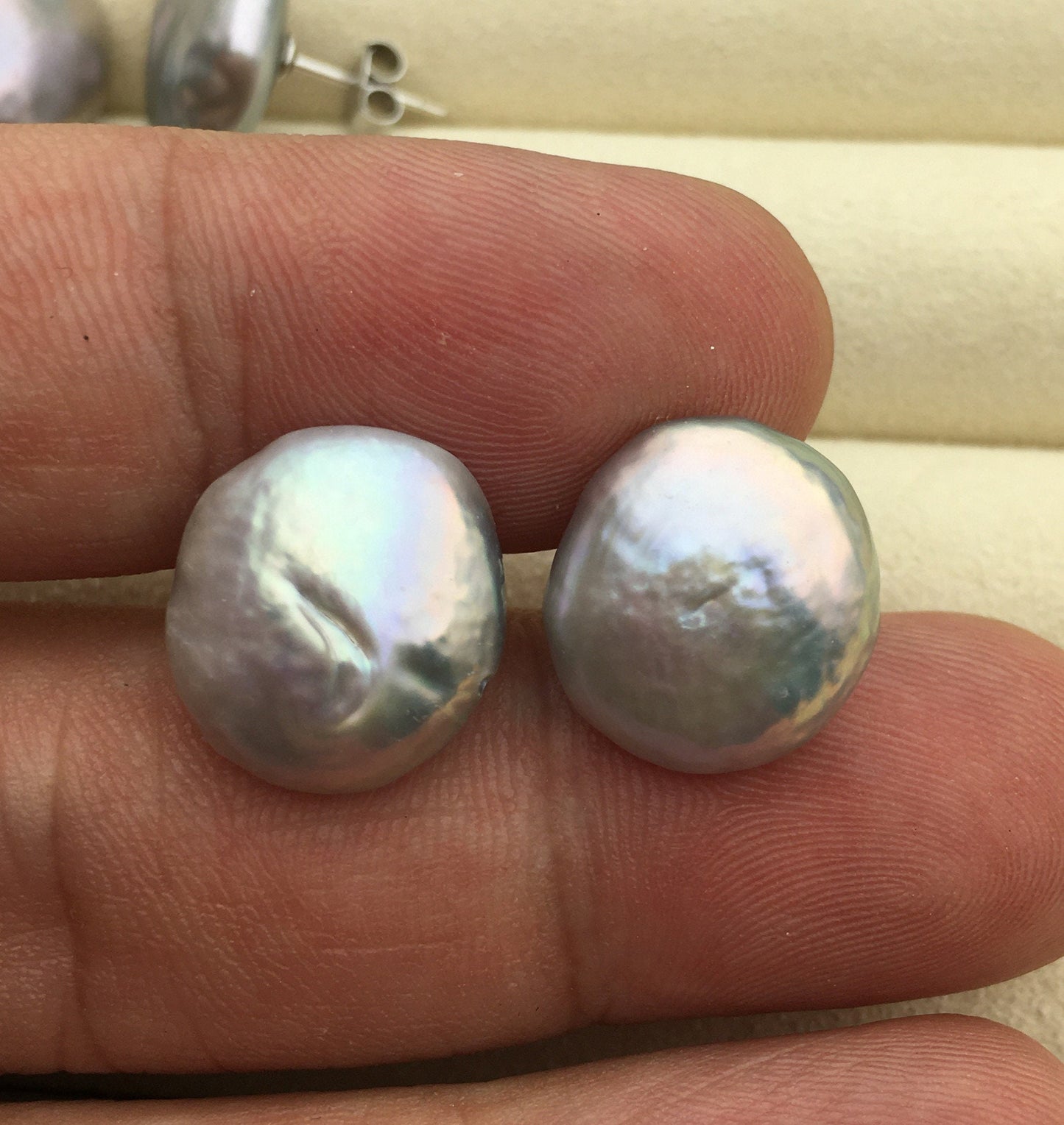 AA+ 12-14.5mm Gray Thick Coin Fresh Water pearl stud earrings,S925 Sterling Silver,dangle pearl earrings,SE3-186-2