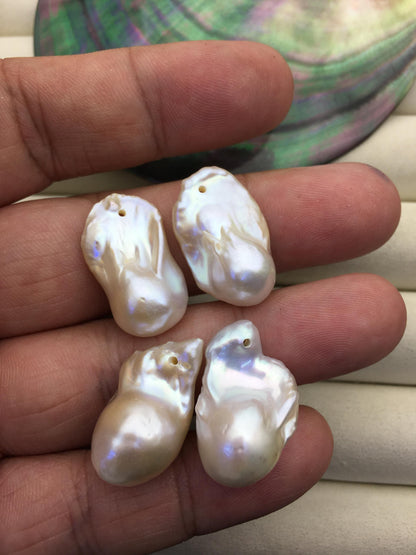 2 pairs AAA- 13-17mm White Flameball Pearl Pairs - large Baroque freshwater pearl pairs- 1.0 top side hole, FL15-3A-8-52