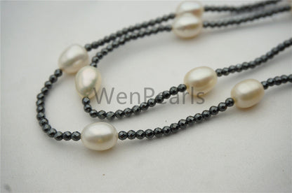 White Rice pearl Necklace - AAA rice pearl - Hematite pearl necklace - Select Length - TN1-002