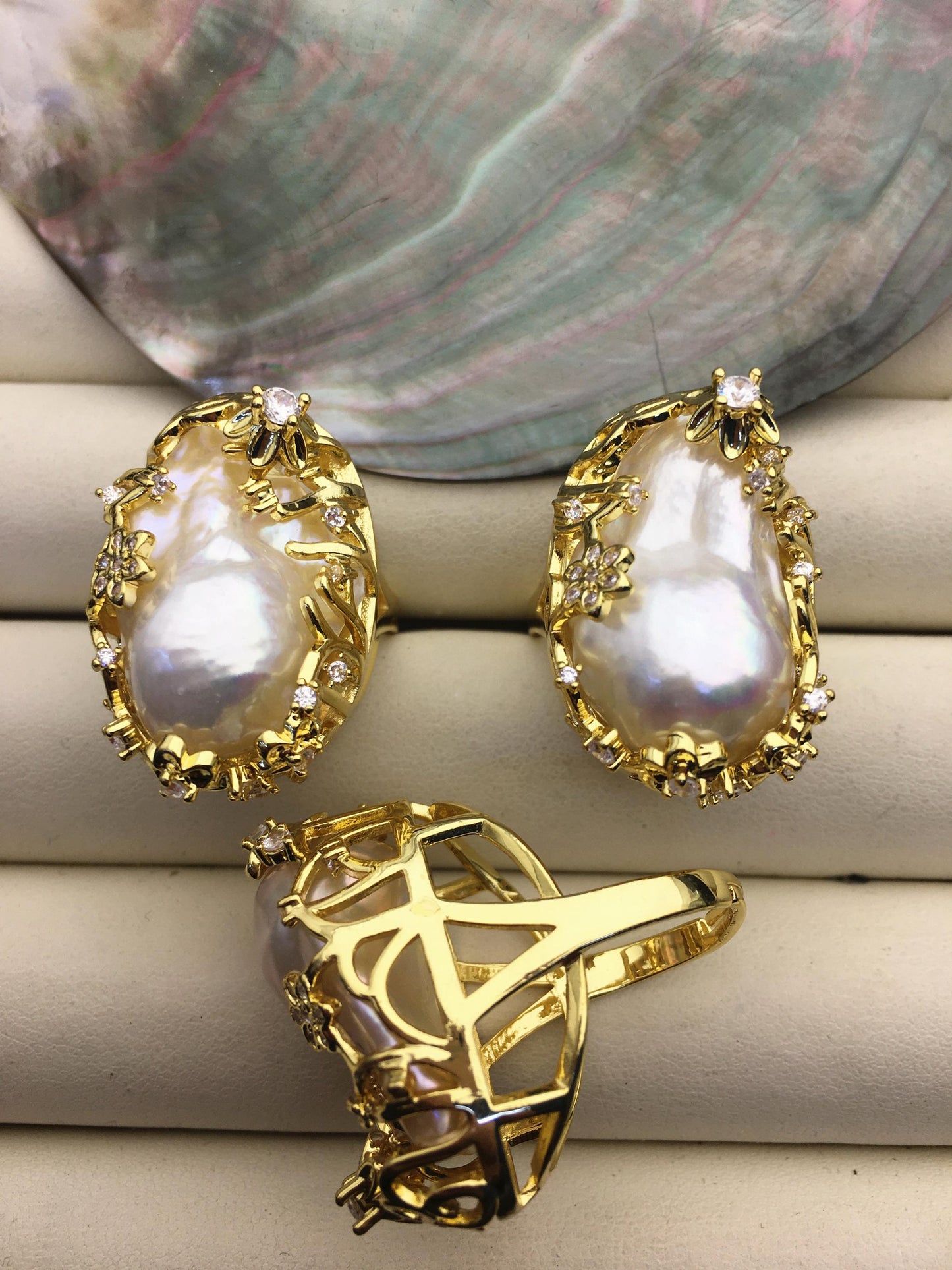 AAA Very Big White Rainbow Baroque Pearl Gold rings,affordable engagement rings,pearl wedding rings,promise rings for her,R1-004