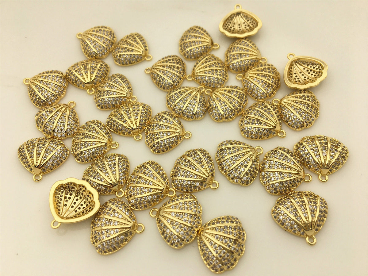3pcs 14x14.5mm Gold Zircon Shell Charm pendant,Brass plated 14k gold,ACC-O-005