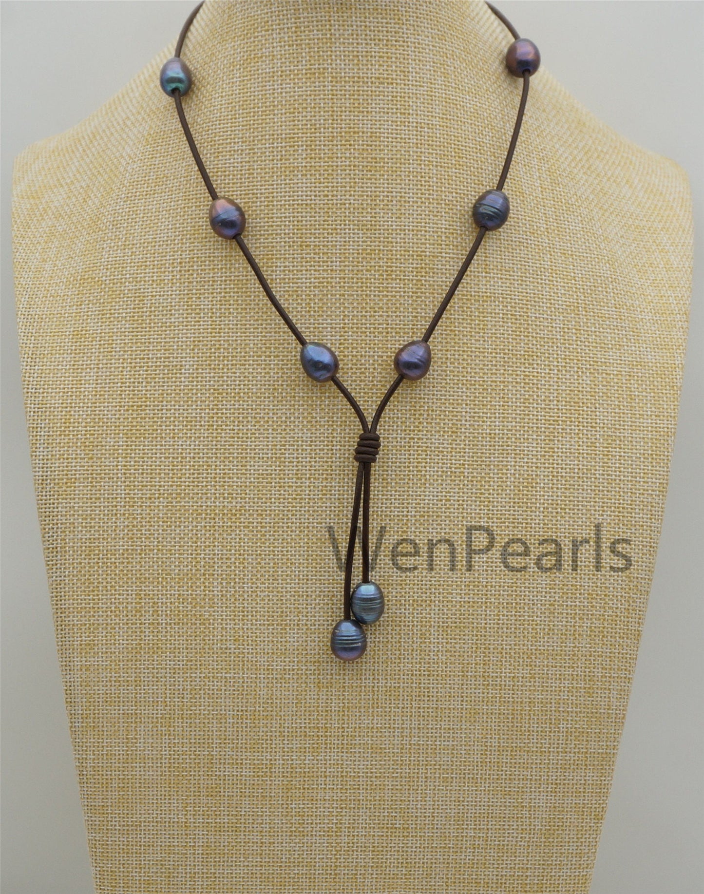 Deep Blue Rice Pearl Leather necklace, Freshwater pearl, Birthday,Black Leather Pearl necklace,Select leather color,Le4-080