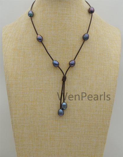Deep Blue Rice Pearl Leather necklace, Freshwater pearl, Birthday,Black Leather Pearl necklace,Select leather color,Le4-080