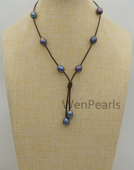 Deep Blue Rice Pearl Leather necklace, Freshwater pearl, Birthday,Black Leather Pearl necklace,Select leather color,Le4-080